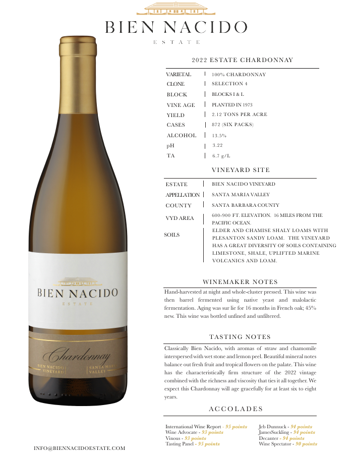 2022 Bien Nacido Estate Chardonnay product sheet