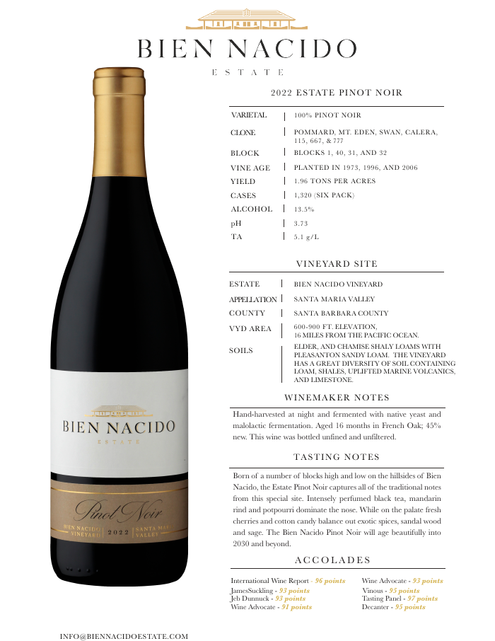 2022 Bien Nacido Estate Pinot Noir product sheet