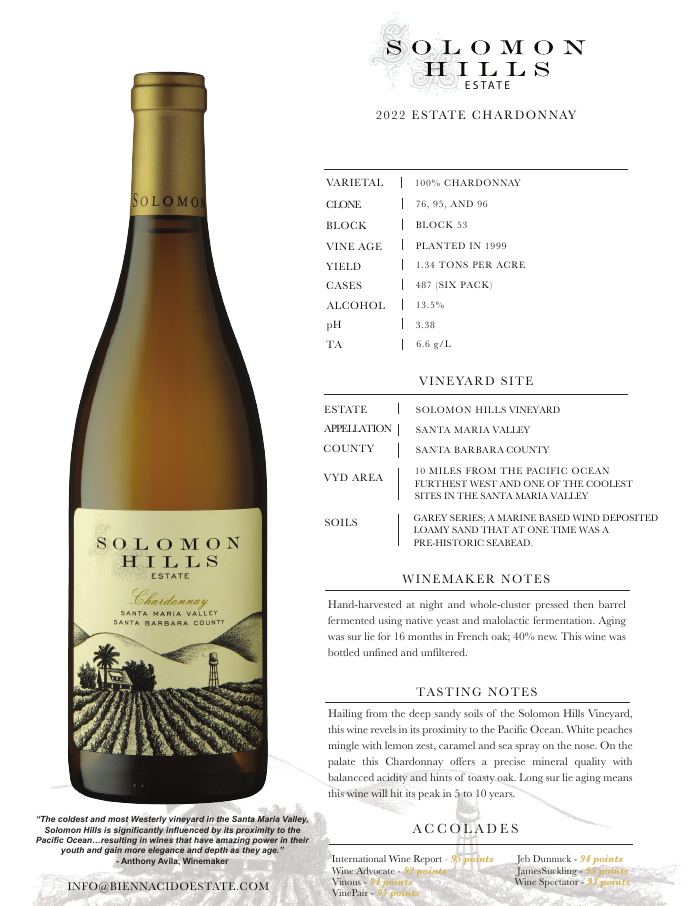 2022 Solomon Hills Estate Chardonnay product sheet