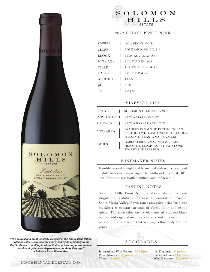 2022 Solomon Hills Estate Pinot Noir product sheet
