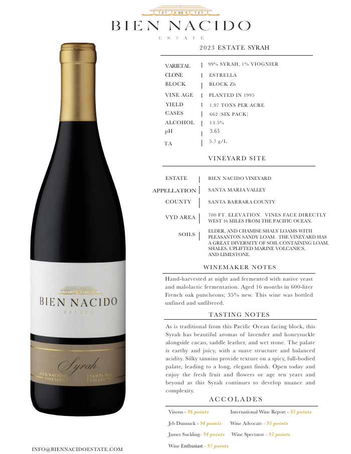 2023 Bien Nacido Estate Syrah product sheet